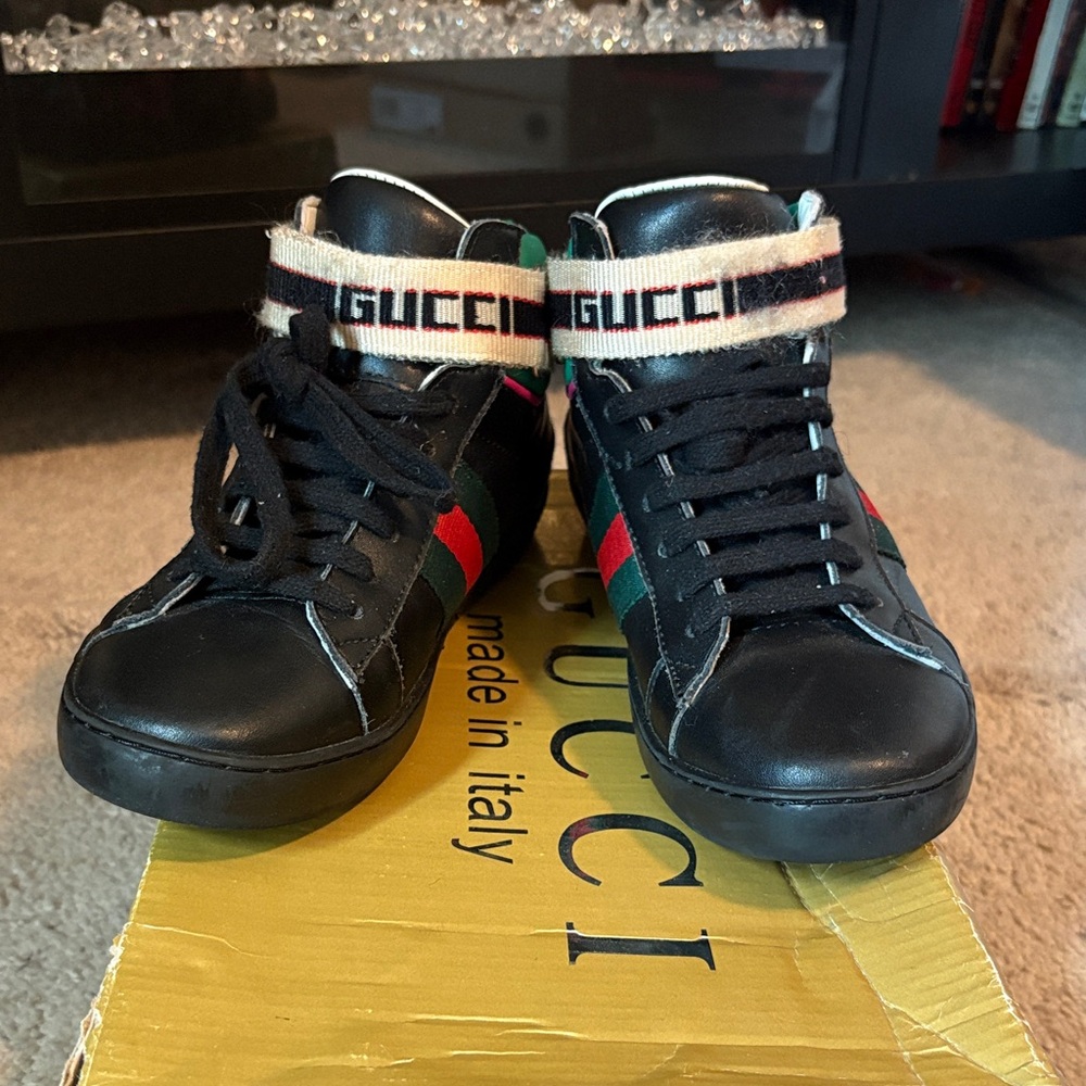Gucci Black Leather High-Top Sneakers with Red & Green Web Stripe